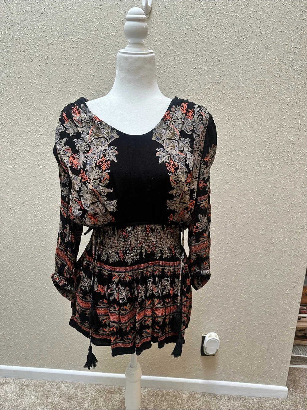 Free People Cinched Balloon Sleeve Mini Dress Black Whimsigoth Floral Sz M Boho